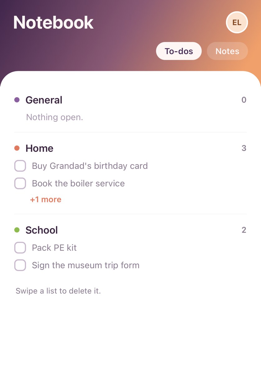 The Notebook’s to-do lists: General, Home and School