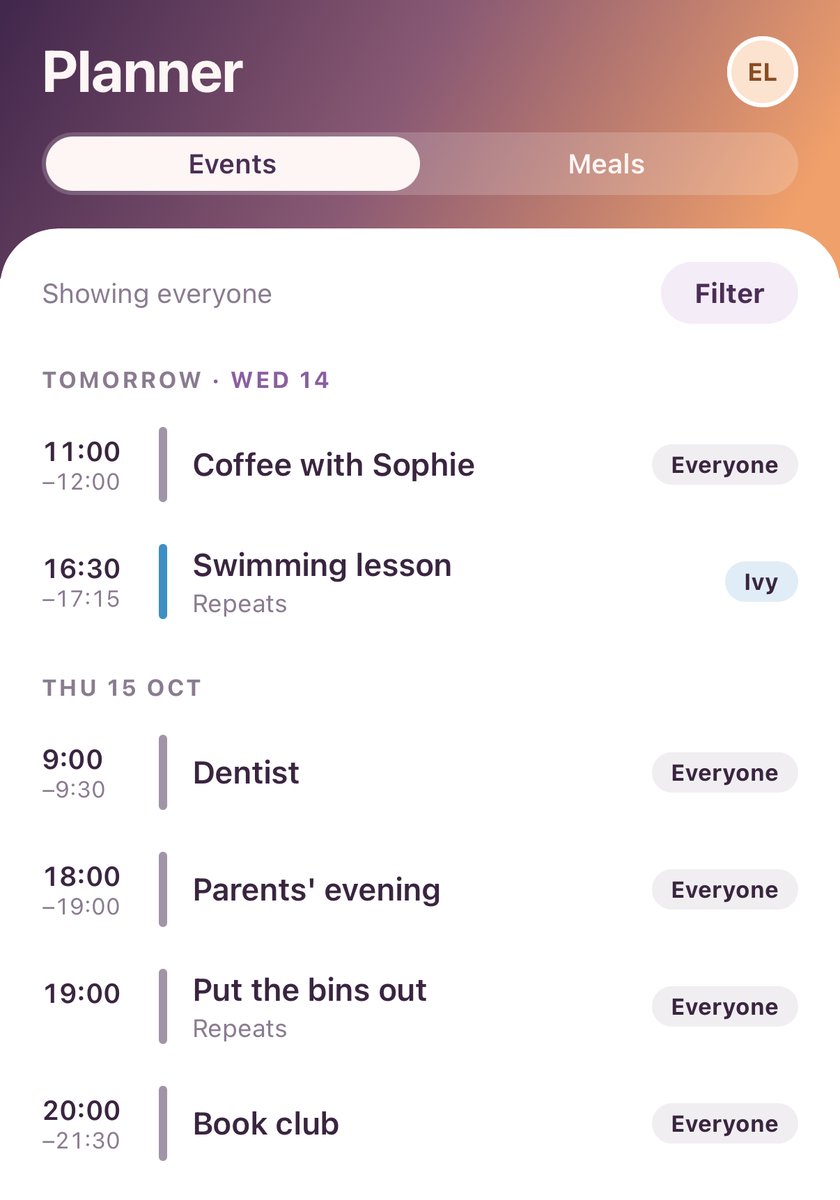 The Planner: events for each day, with who each is for