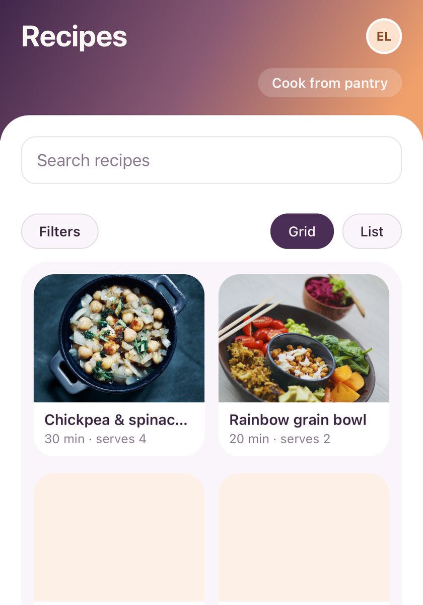 The Recipes tab with a photo for each recipe