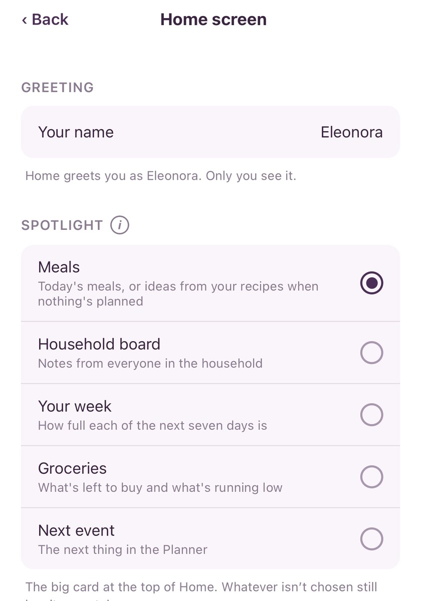 Home screen settings: choose the big card at the top of Home